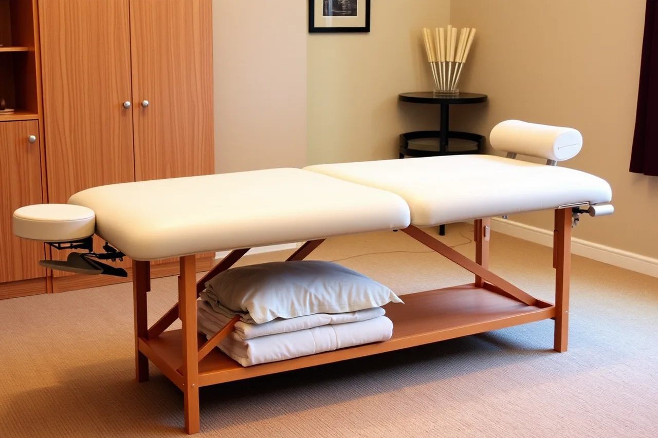 Earthlite massage table set up with face cradle, bolster, and linens (Which massage therapy equipment brands hold up for 2027)