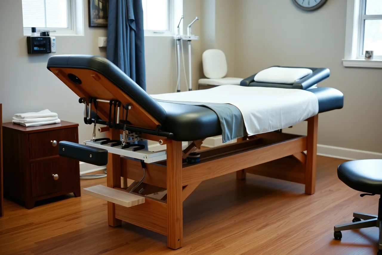 Oakworks adjustable massage table with positioning products in clinic (Which massage therapy equipment brands hold up for 2027)