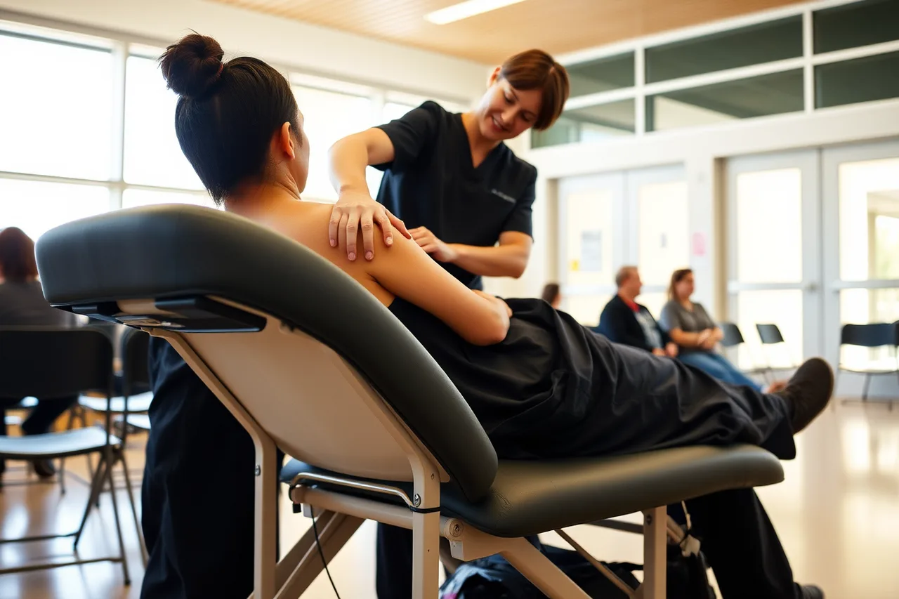 Therapist giving seated chair massage to staff at a university event (Boston integrative health clinics and where massage therapy fits)