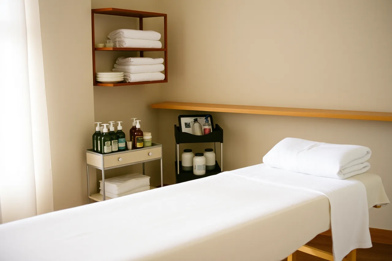 Massage table with linens, oils, and lotions in a treatment room (What IRS Schedule C lets US massage practices deduct, and what it does not)
