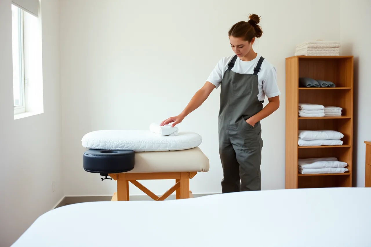 Therapist adjusting height and face cradle on a padded massage table (Massage therapy equipment: signal versus noise)