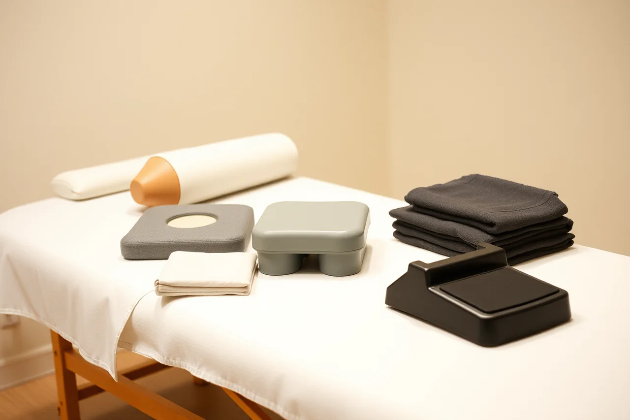 Face cradle, bolster, wedge, stool, and covers laid out for positioning (Massage therapy equipment: signal versus noise)
